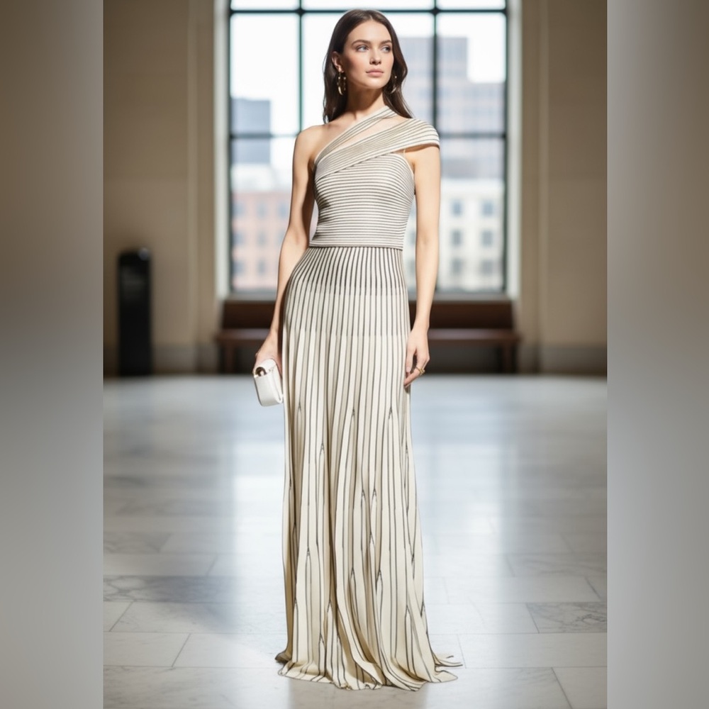 NWT ST. JOHN Striped Ottoman Pleated One Shoulder Gown Cream/Black Size 4